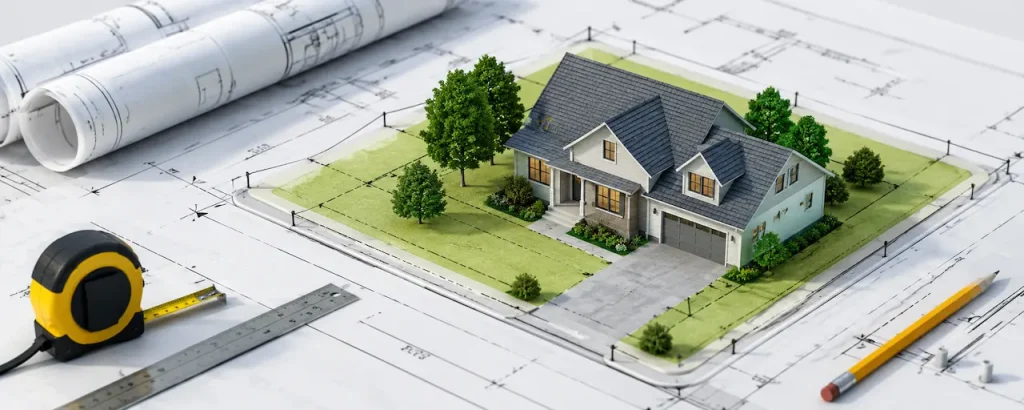 3D architectural site plan model of a modern suburban home placed on detailed construction blueprints with measuring tools and landscaping elements.