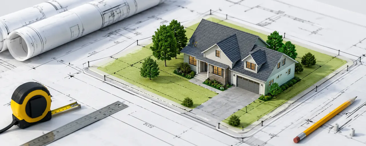 3D architectural site plan model of a modern suburban home placed on detailed construction blueprints with measuring tools and landscaping elements.
