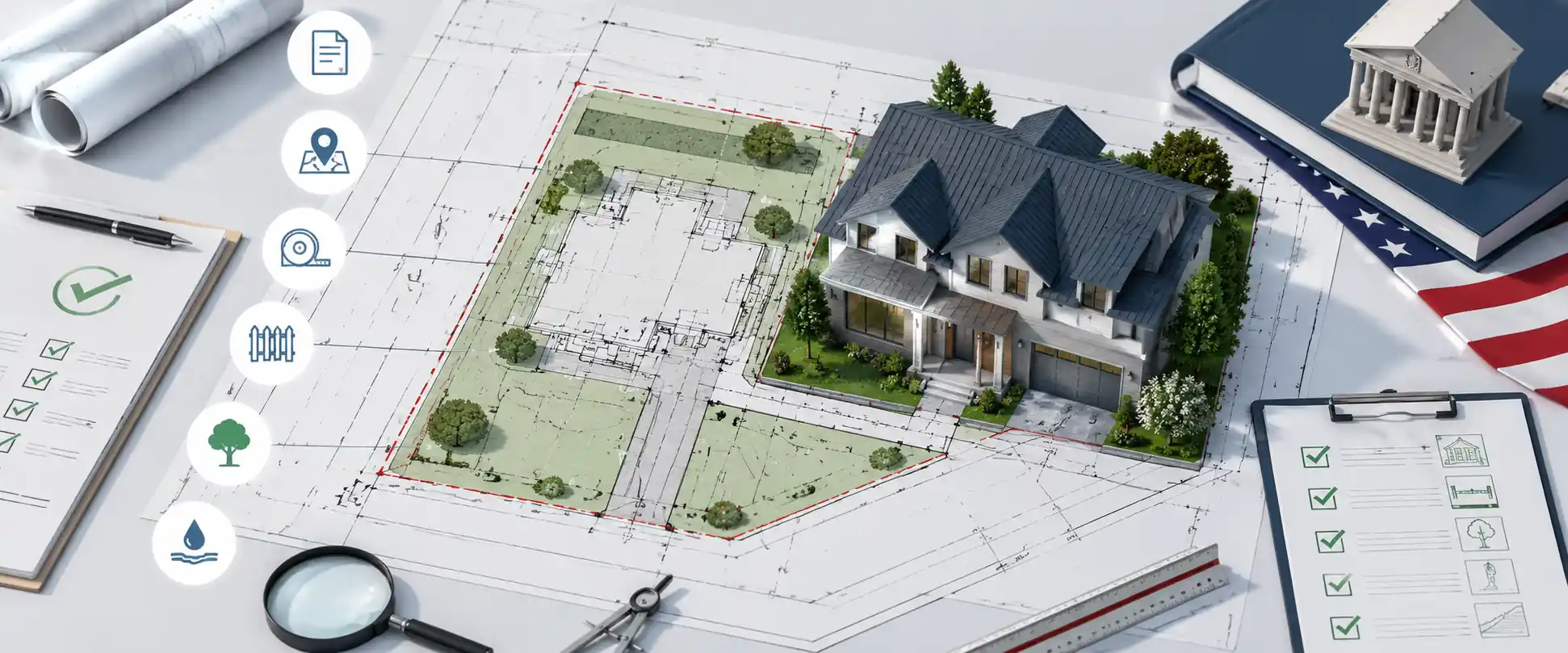 Architectural site plan for a residential building permit showing a 3D house model, property layout, drafting tools, and permit requirement checklist elements.