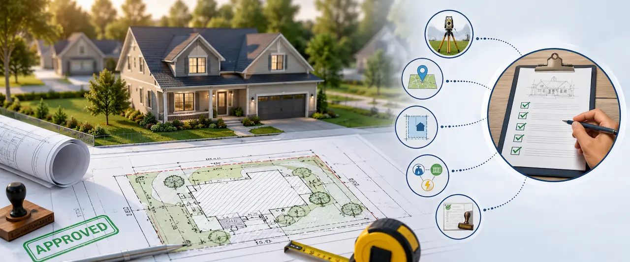 Residential home site plan with architectural blueprints, permit approval checklist, drafting tools, and a modern suburban house in a landscaped neighborhood.