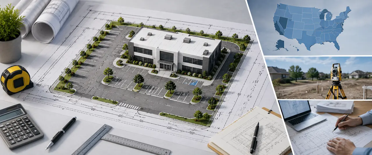 Non-certified commercial site plan displayed on architectural blueprints with a modern office building model, drafting tools, surveying equipment, and planning workspace elements.