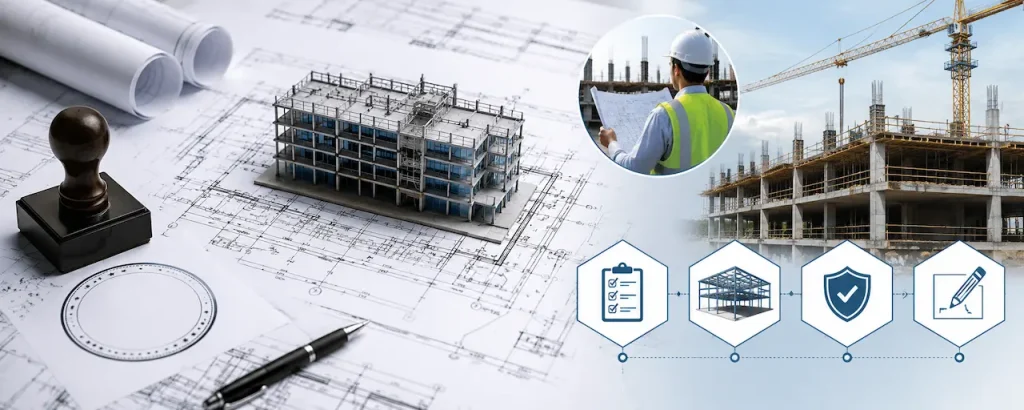 PE stamped construction plans with architectural blueprints, structural building model, engineer review process, and commercial construction site elements.