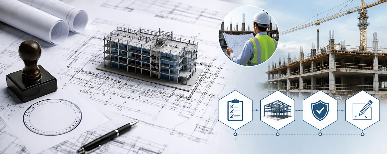 PE stamped construction plans with architectural blueprints, structural building model, engineer review process, and commercial construction site elements.