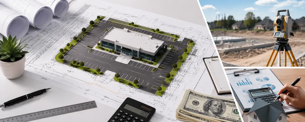 Commercial site plan cost estimation workspace with architectural blueprints, building model, surveying equipment, calculator, financial charts, and budgeting tools.