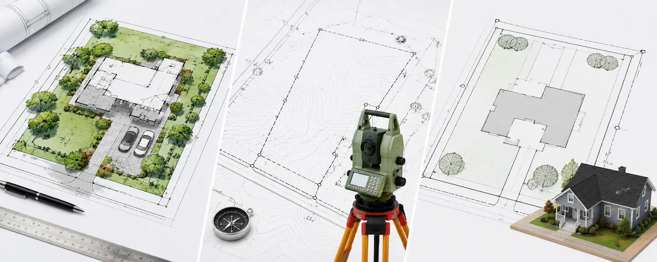 Side-by-side comparison of a site plan, land survey, and plot plan featuring architectural drawings, property layouts, survey equipment, and residential building models.