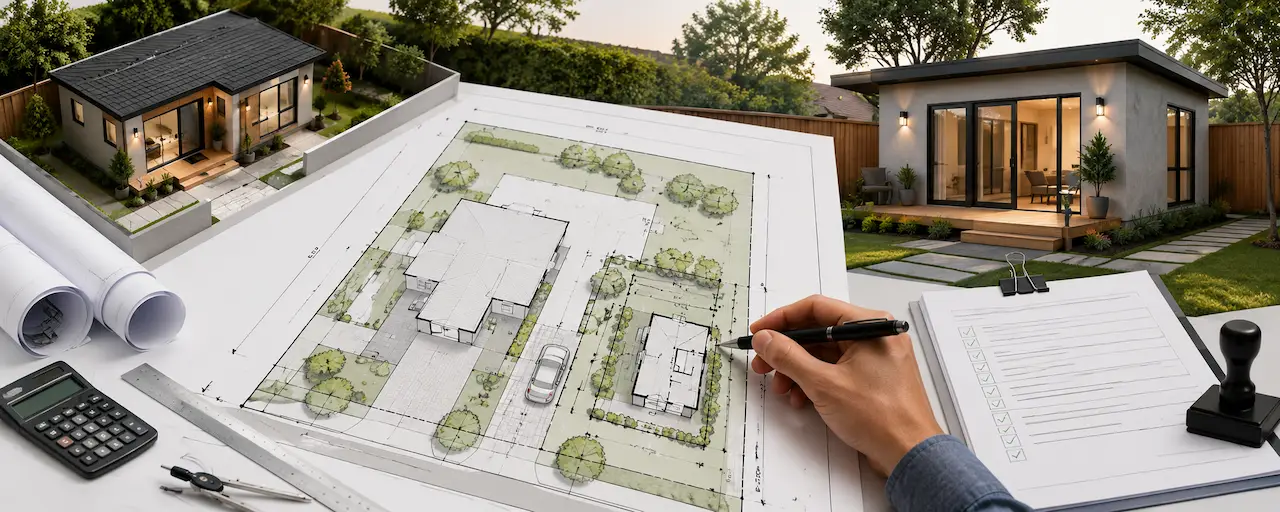 ADU site plan drawing for permit approval showing a backyard accessory dwelling unit, main house layout, architectural plans, and drafting workspace tools.
