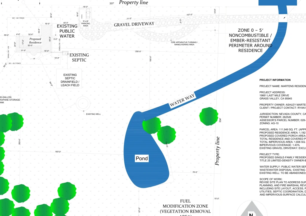 Rural site layout drawing showing gravel driveway, water line, pond, septic and fire defensible space zones