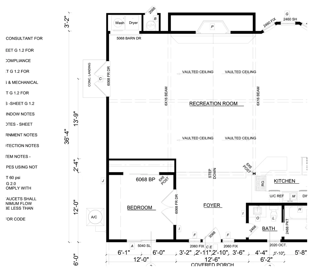 Floor plan detail of kitchen, living and recreation room layout