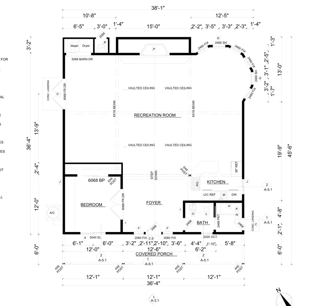 Residential floor plan with recreation room, bedroom, kitchen, bath and dimensions