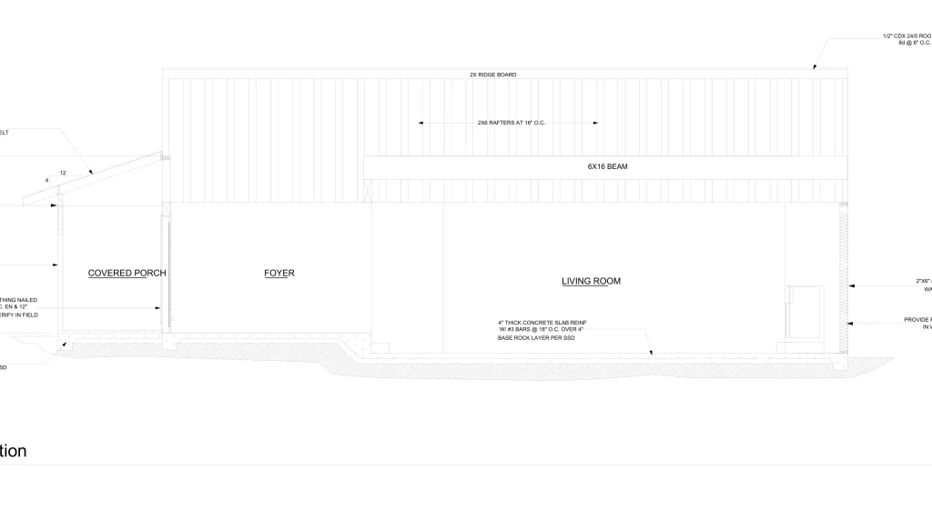 Building cross-section through covered porch, foyer and living room