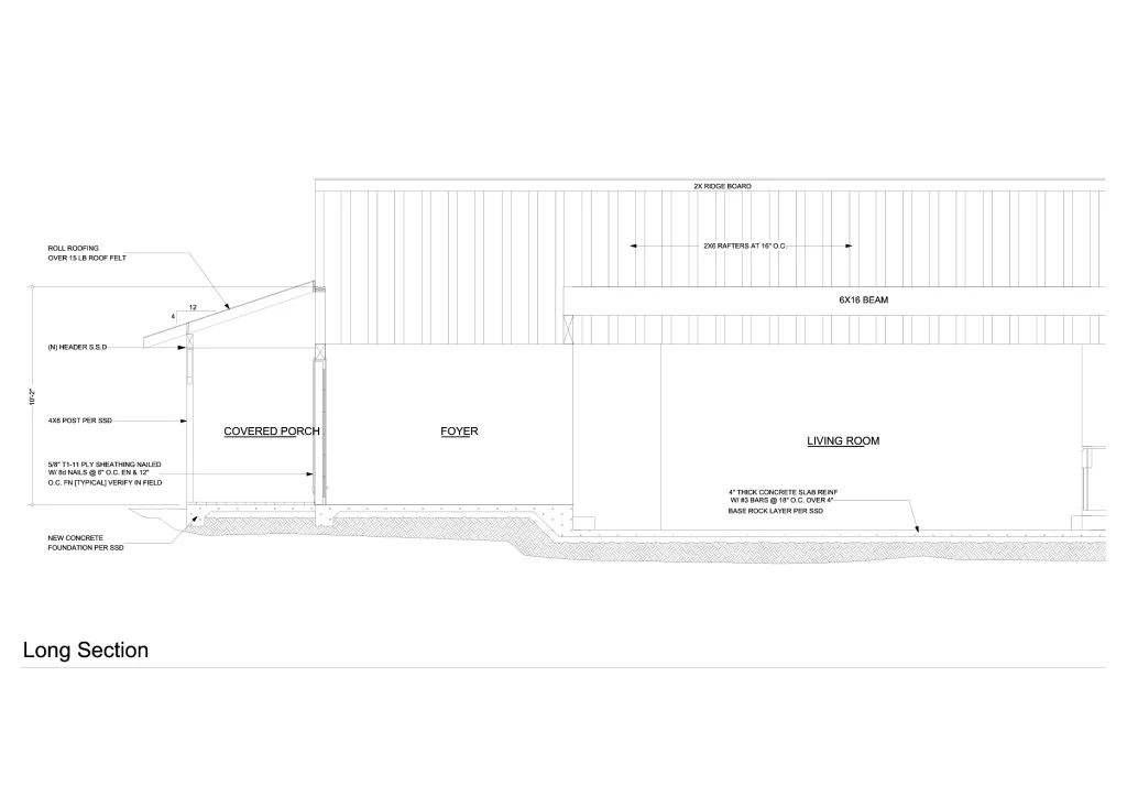 Residential building long section through porch, foyer and living room