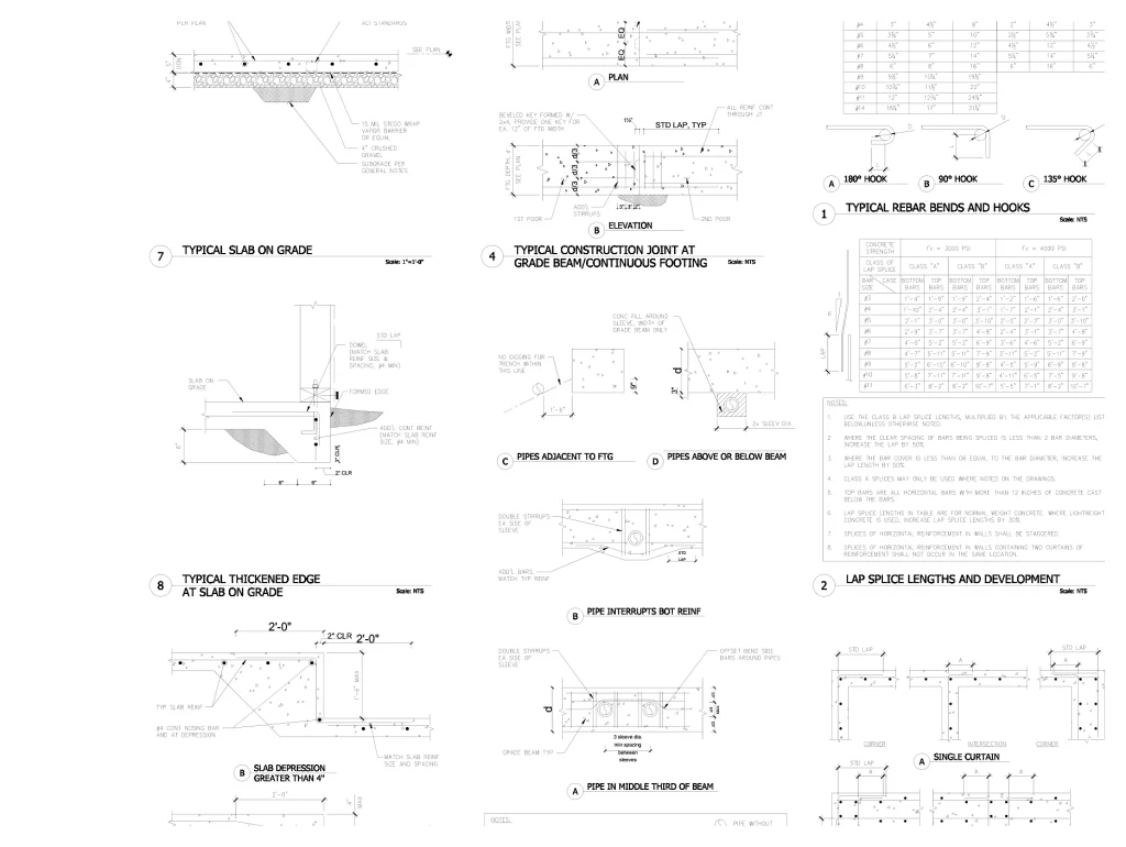 Concrete footing and rebar details including slab on grade and thickened edge