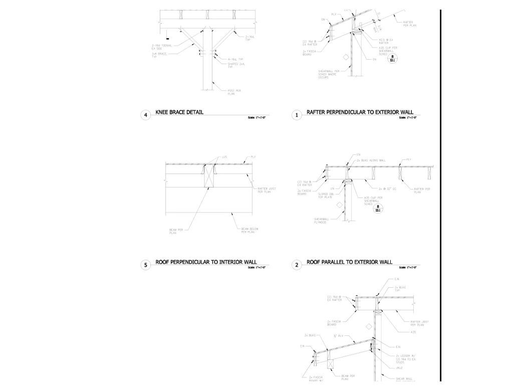 Residential structural sections with rafter, knee brace and wall connections
