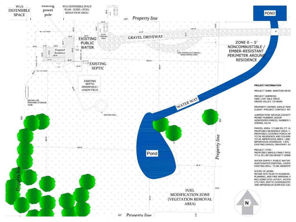 Rural land development site plan with driveway, water line, pond and fire safety zones