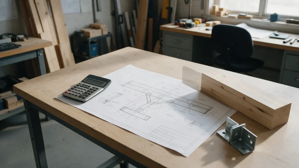 Structural beam drawing, calculator and beam samples on an engineer desk