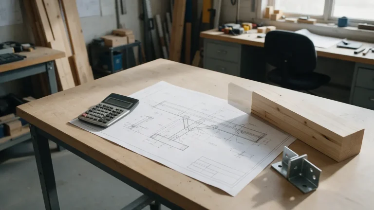 Structural beam drawing, calculator and beam samples on an engineer desk