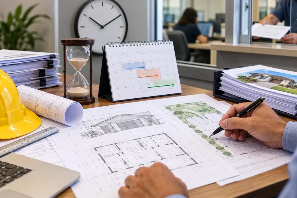 Architect reviewing building permit drawings with a calendar and hourglass showing the timeline for permit resubmission and approval.