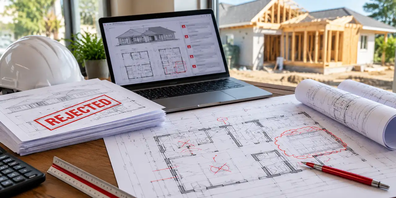 Rejected building permit plans with red correction marks, architectural drawings, and a laptop showing revisions for resubmission.