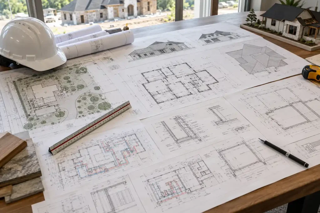 Complete building permit drawing set showing site plans, floor plans, elevations, structural details, roof plans, and MEP drawings.