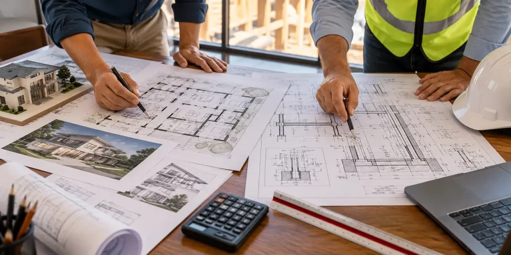 architect engineer building permit
Architect and structural engineer reviewing residential floor plans, foundation details, and construction drawings to compare architectural design and engineering requirements.