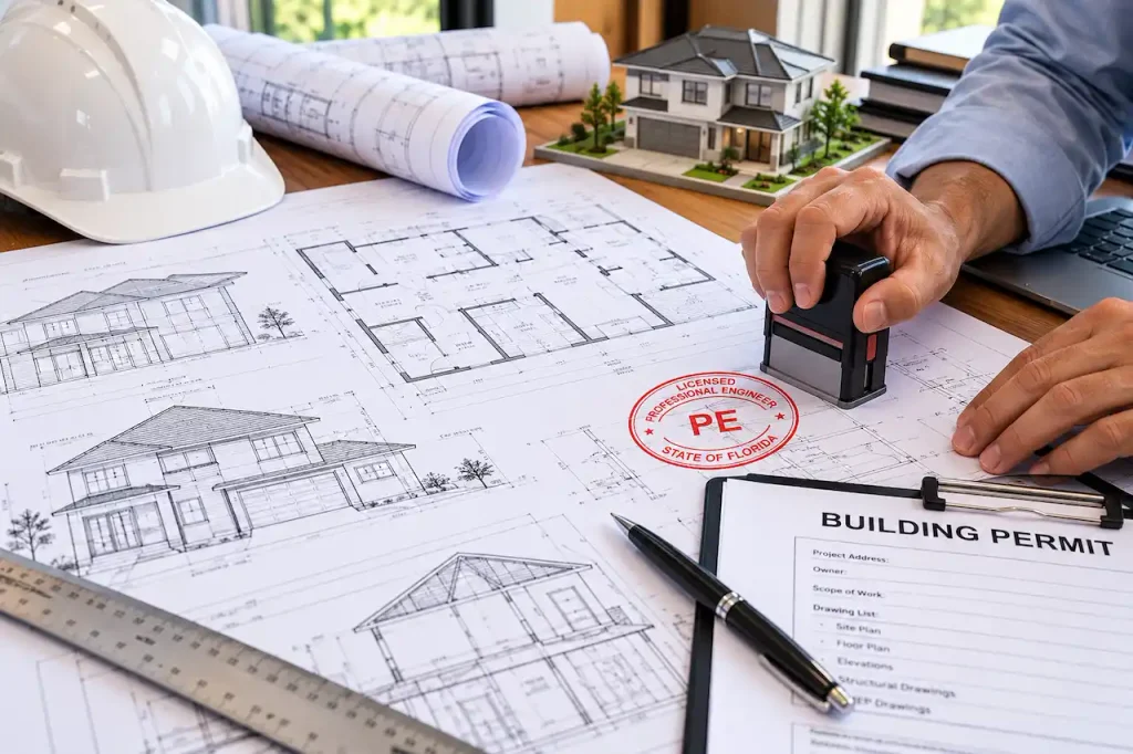 Professional engineer applying a PE stamp to architectural and structural building permit drawings, showing certified construction plans for permit submission.