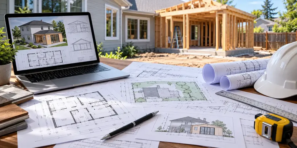 Building permit drawings for a home addition showing architectural floor plans, site plans, and a residential house extension under construction.