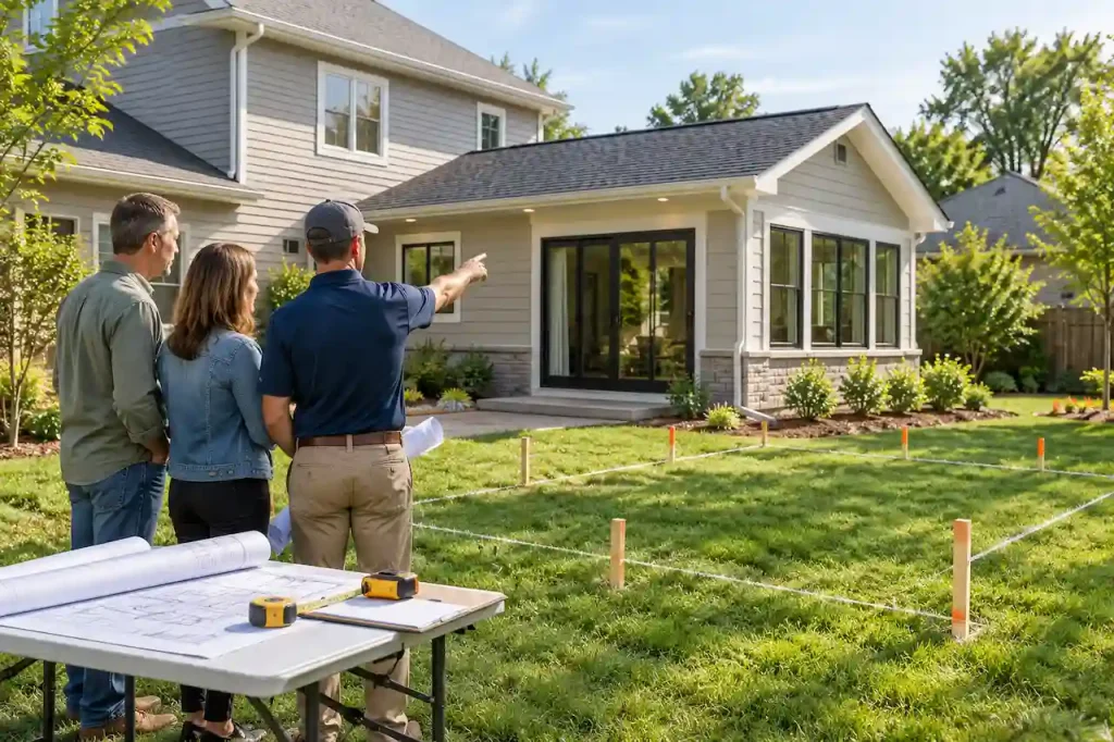 Homeowners and a site plan consultant reviewing a backyard home addition layout with staked boundaries and permit drawings.