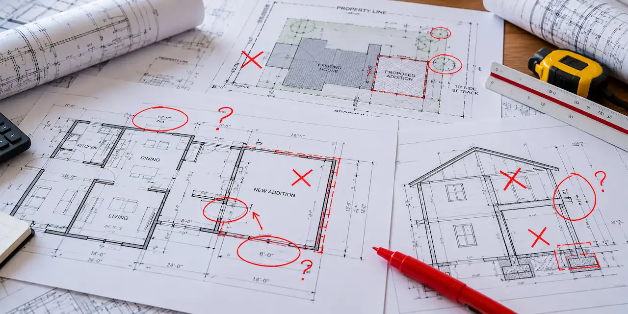 Home addition permit drawings showing red correction marks highlighting missing dimensions, setback issues, and structural plan mistakes.