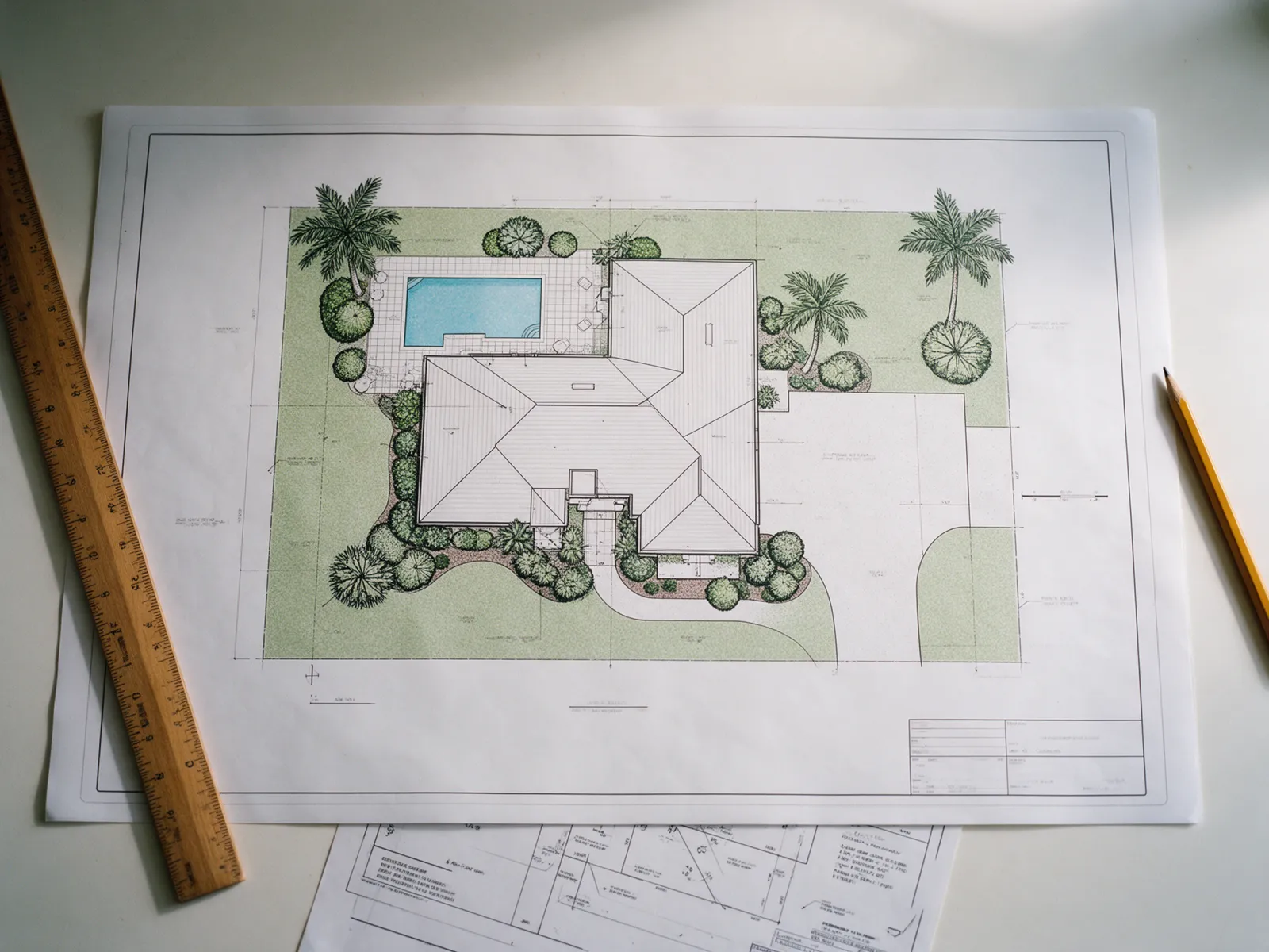 Printed residential site plan on a desk with a scale ruler and property survey