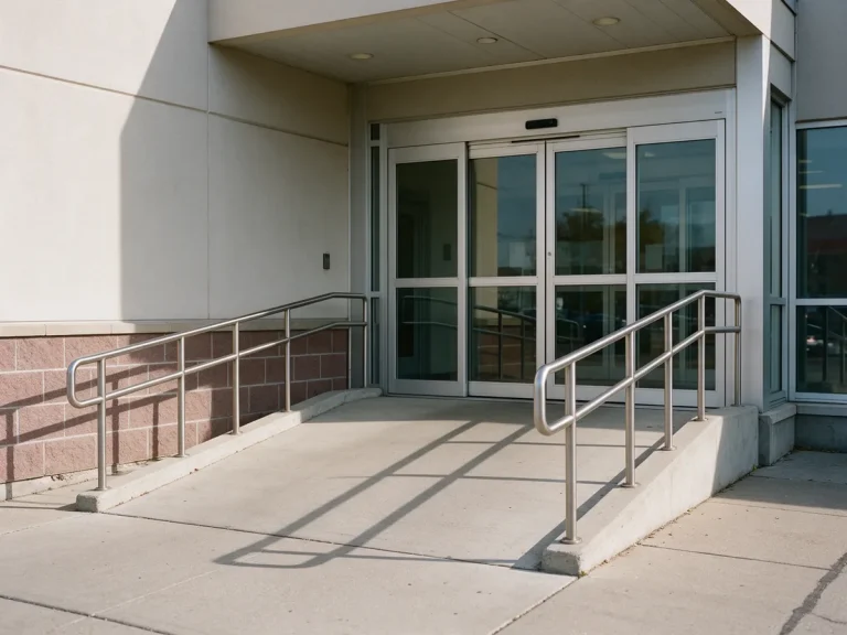 Accessible building entrance with ramp and handrails
