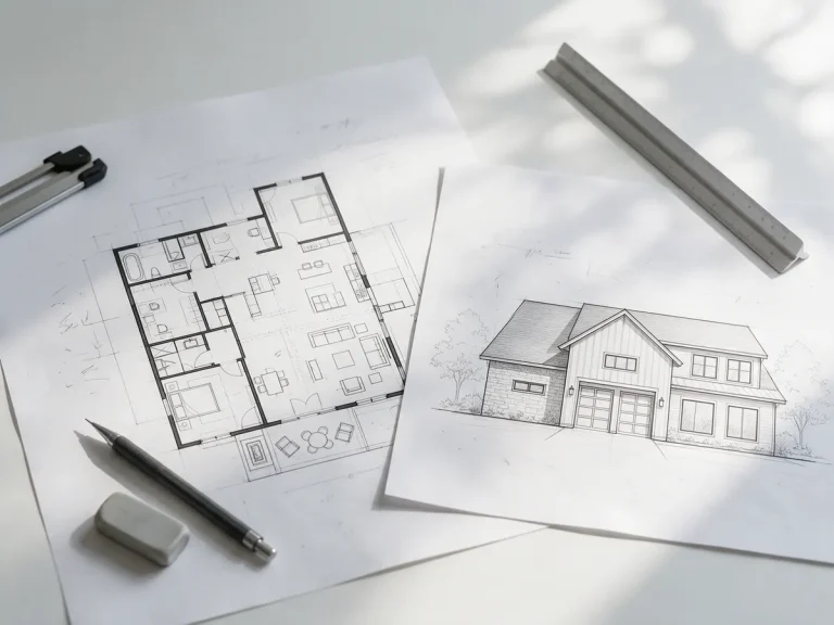 Architectural floor plan and elevation sketches on a drafting table