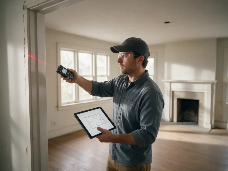 Drafter measuring an existing room with a laser meter and tablet