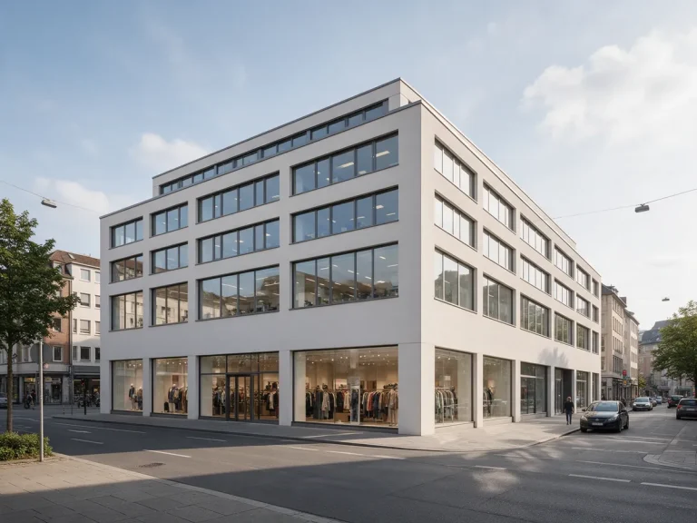 Multi-story commercial building with ground floor storefronts