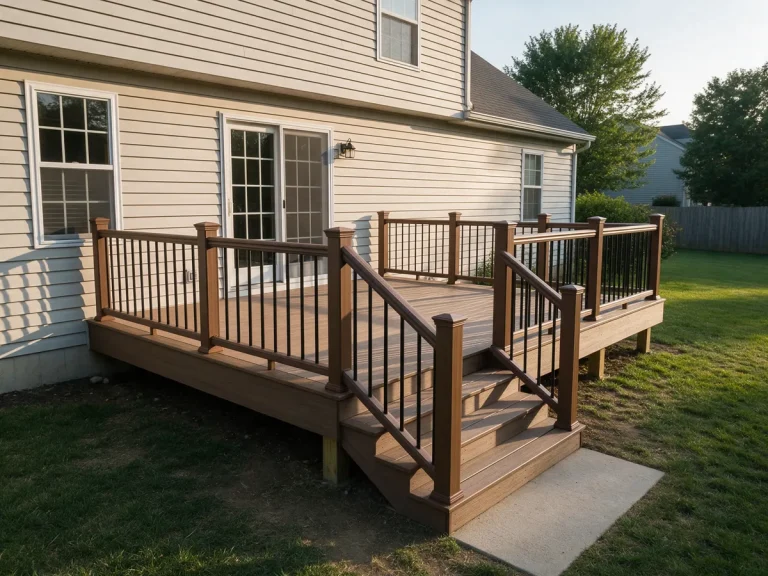 Raised wood deck with railings and stairs behind a house