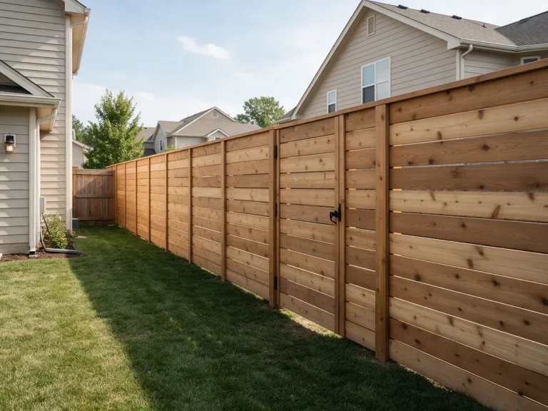 Horizontal wood privacy fence along a side yard