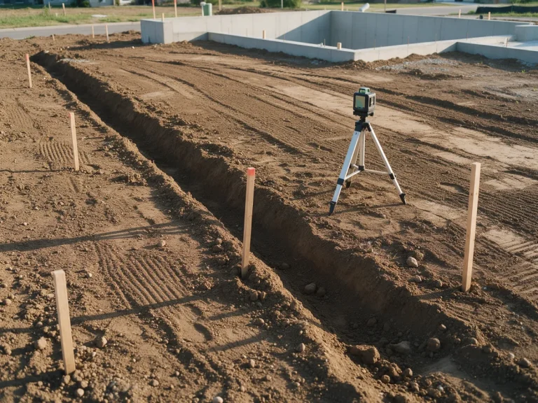 Graded residential lot with survey stakes and a level on a tripod