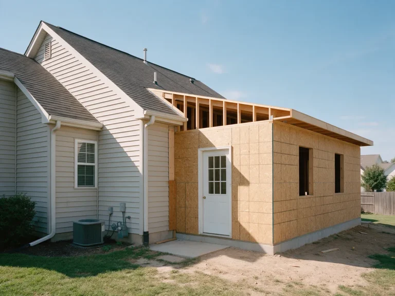 Home addition under construction attached to an existing house
