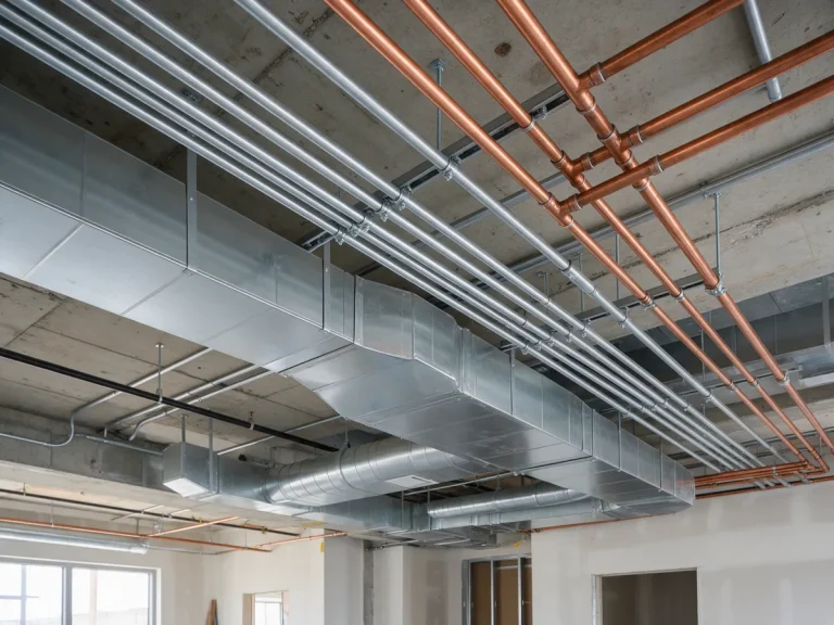 Exposed ductwork, piping and conduit in a ceiling during construction