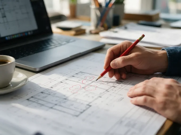 Hand marking corrections on a printed plan sheet