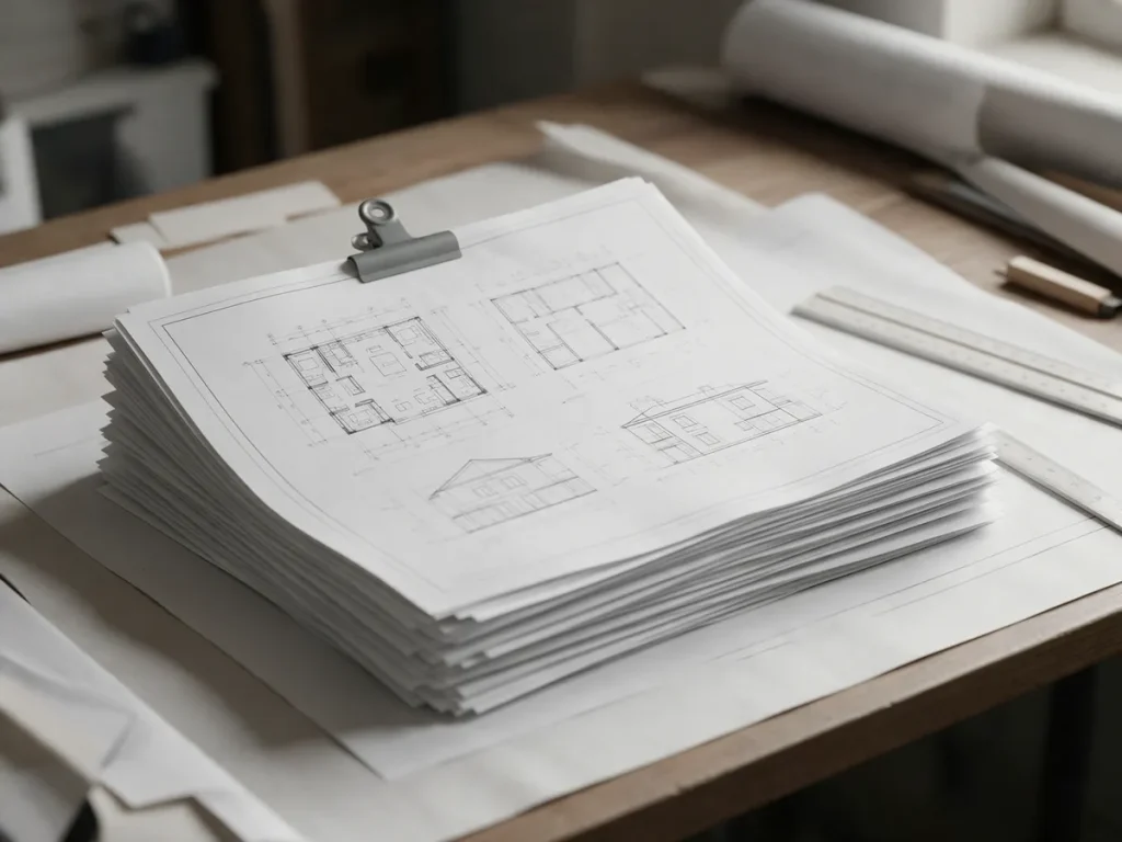 Stack of printed permit drawing sheets on a desk