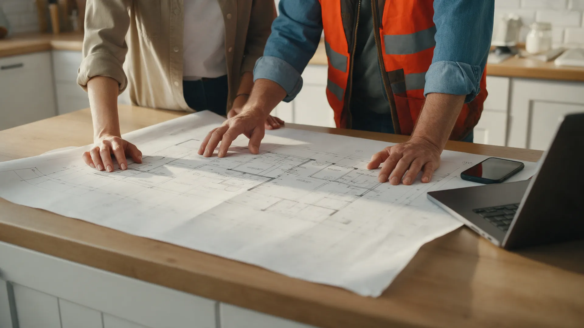 Homeowner and contractor reviewing construction plans on a kitchen island