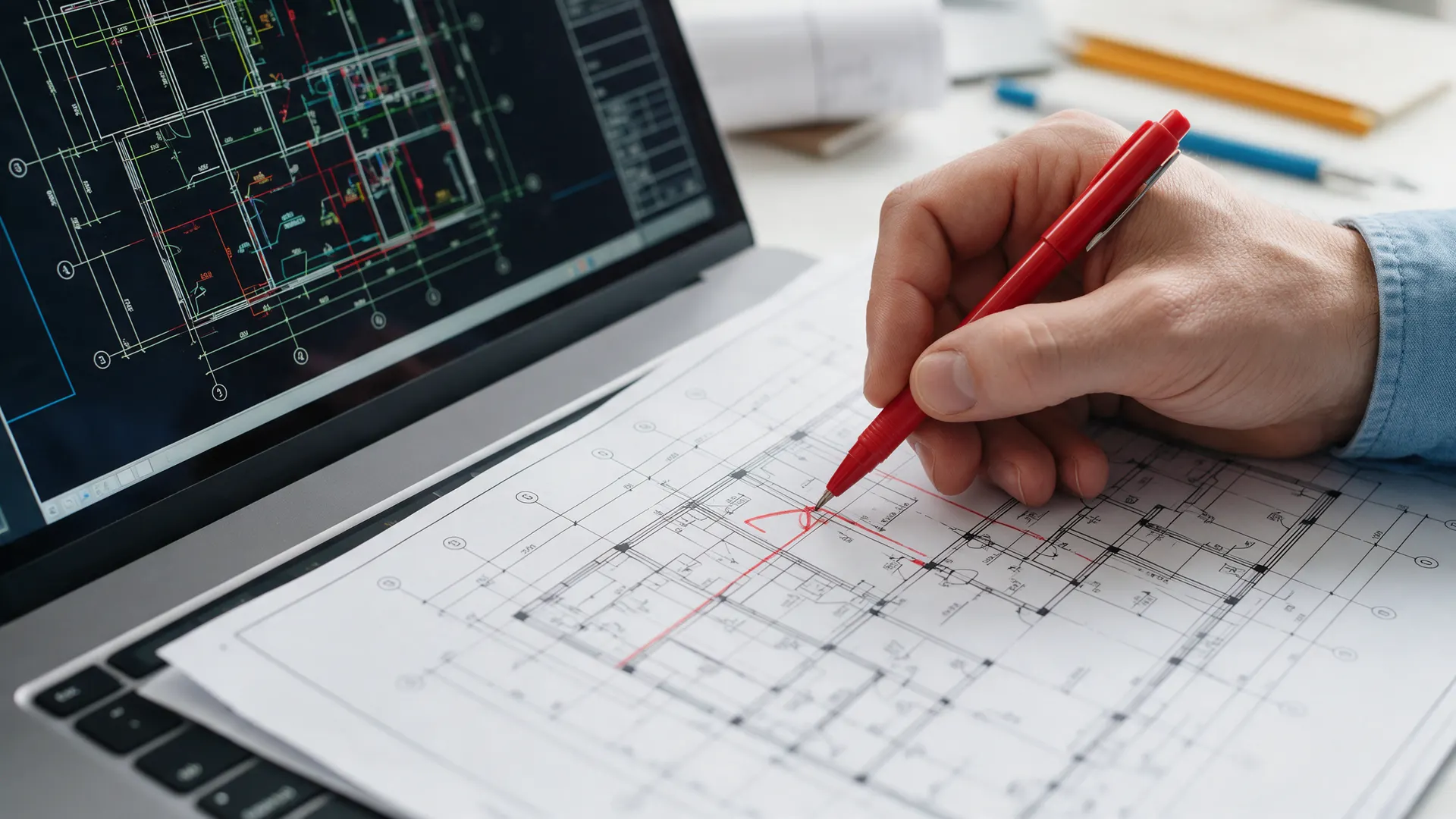 Drafter marking up a printed construction plan next to a laptop with CAD