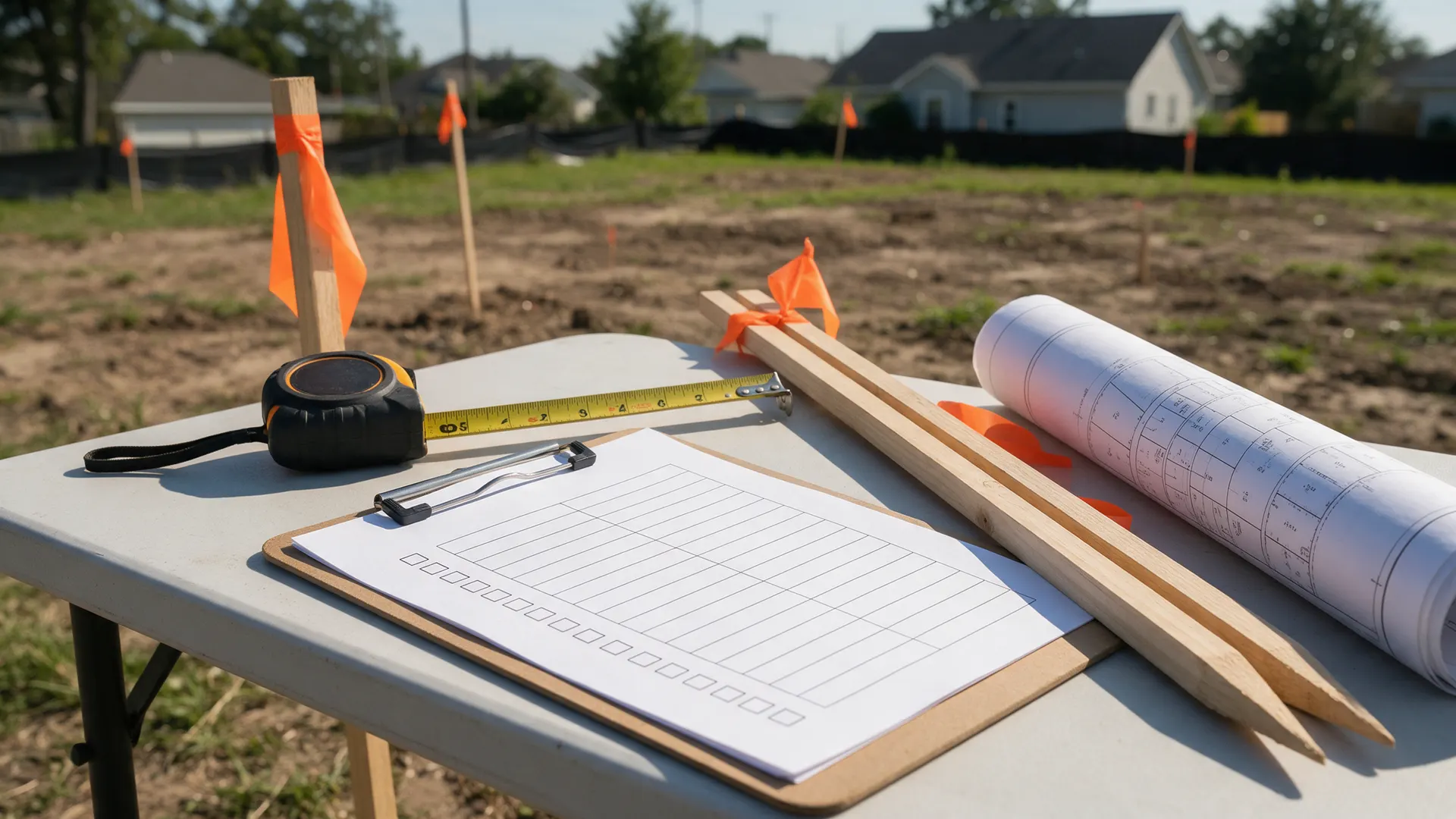 Clipboard checklist, tape measure, survey stakes and a property plat beside a residential lot