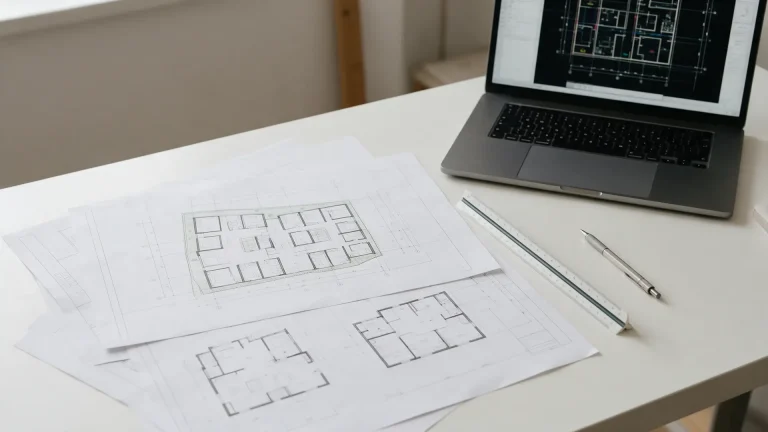 Drafting desk with printed site plan and floor plan sheets, scale ruler and a laptop with CAD