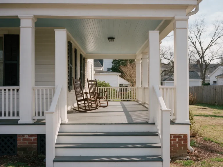Covered front porch with white columns and rocking chairs