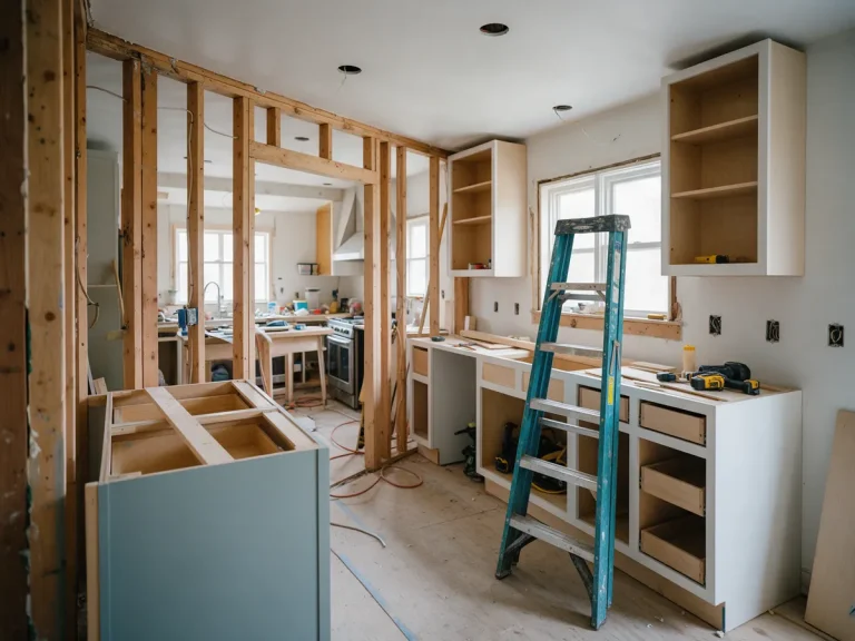 Kitchen remodel in progress with exposed studs and new cabinets