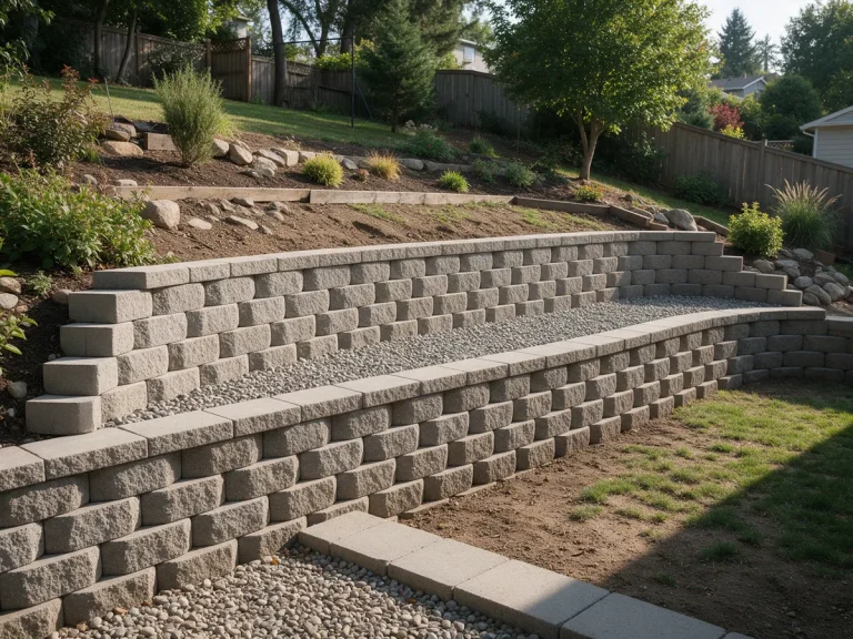 Concrete block retaining wall terracing a sloped yard