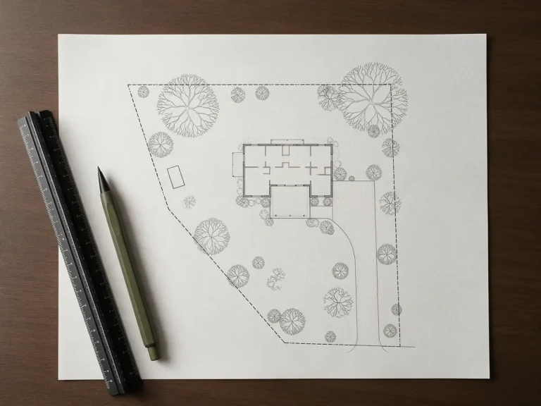 Hand-drafted residential site plan on paper with scale and pencil
