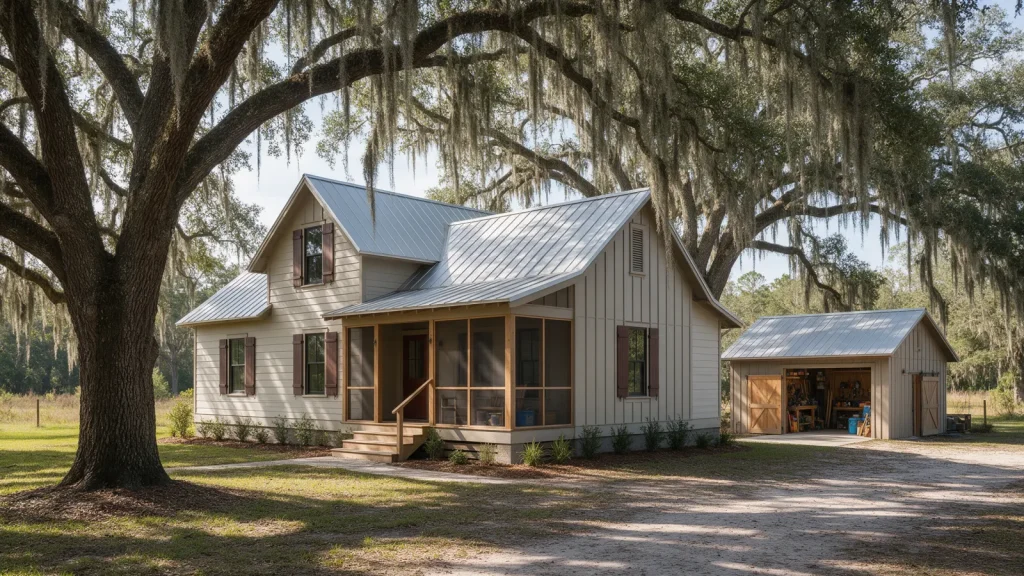 Rural Florida home with a metal roof under live oaks and a new detached workshop