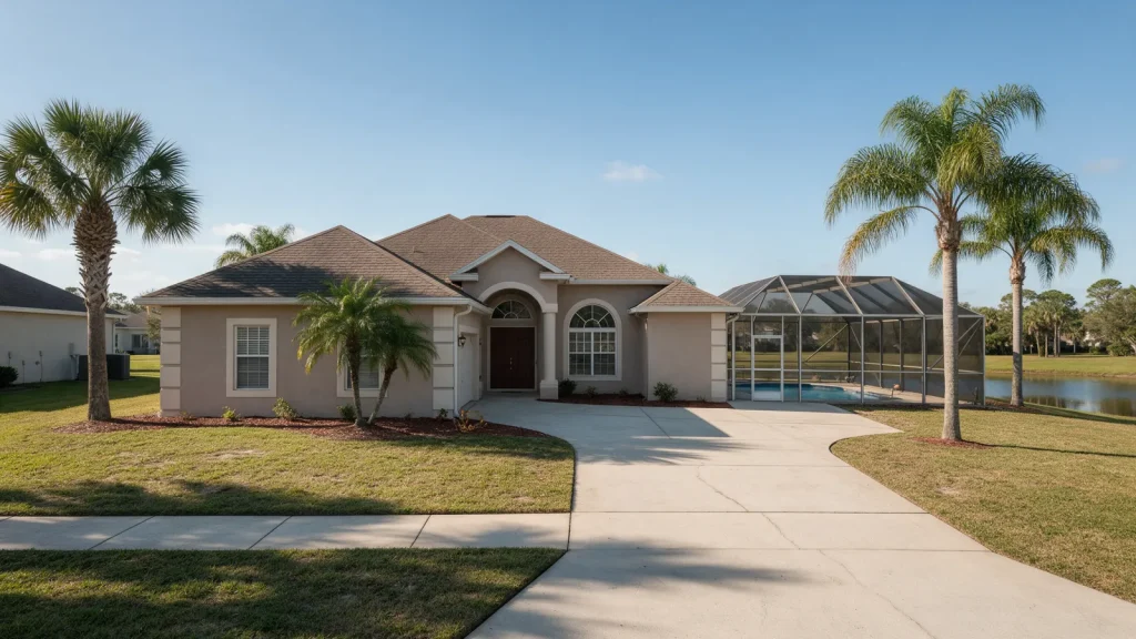 Stucco home with a screened pool enclosure on a lake